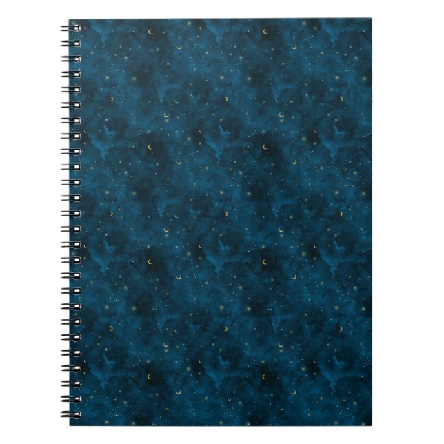Celestial Blue and Gold Starry Night Crescent Moon Notebook (Front)