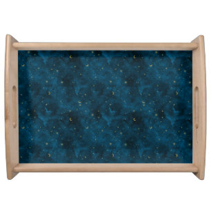 Celestial Blue and Gold Starry Night Crescent Moon Serving Tray