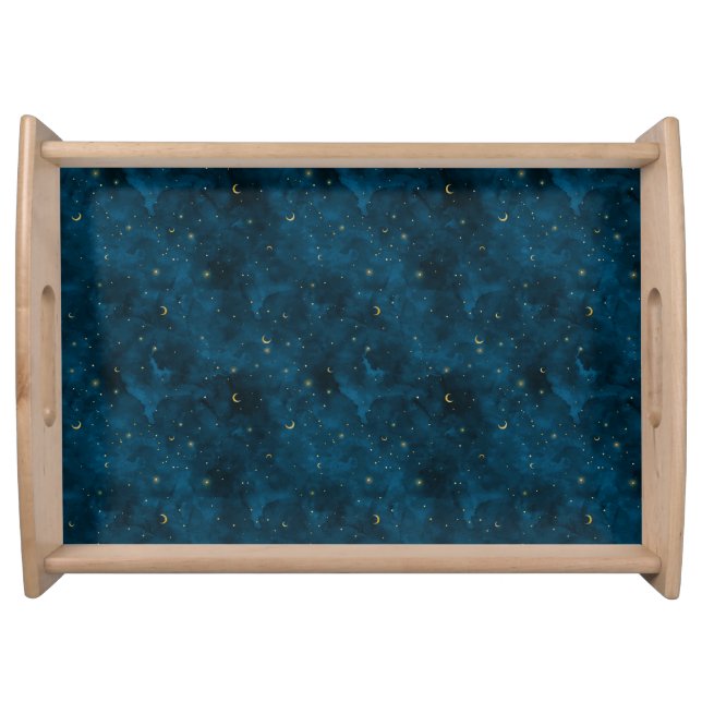 Celestial Blue and Gold Starry Night Crescent Moon Serving Tray (Front)