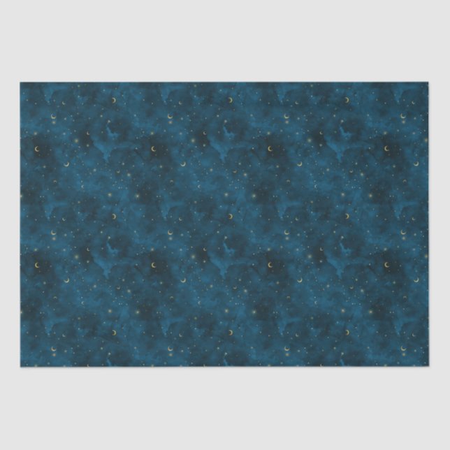 Celestial Blue and Gold Starry Night Crescent Moon Tissue Paper (Front)