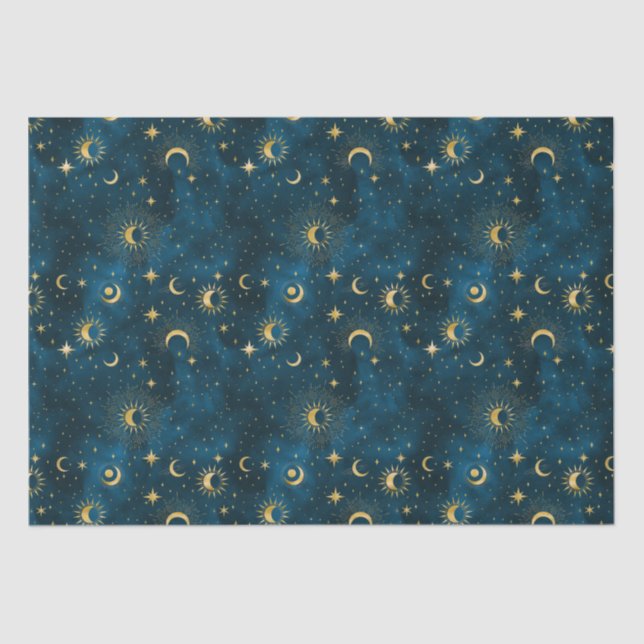 Celestial Blue and Gold Starry Night Crescent Moon Tissue Paper (Front)
