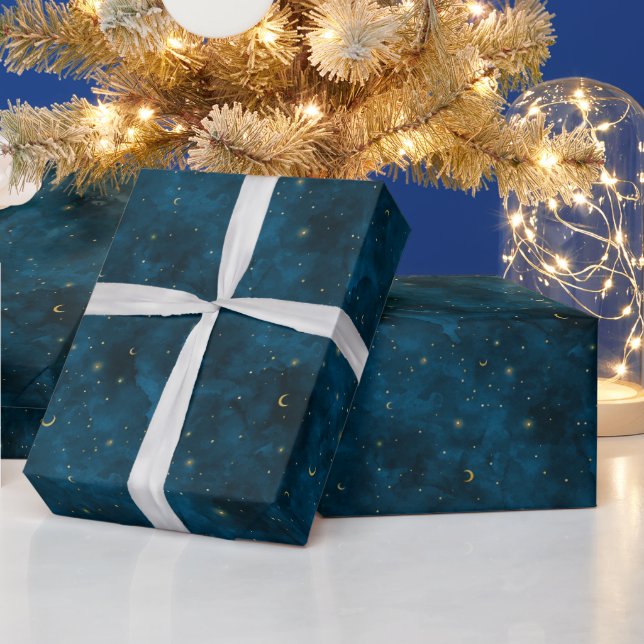 Celestial Blue and Gold Starry Night Crescent Moon Wrapping Paper (Holidays)