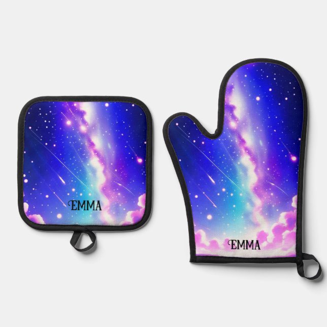 Celestial Blue and Pink Galaxy Custom Name Oven Mitt & Pot Holder Set (Front)