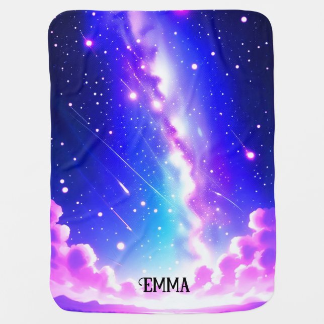 Celestial Blue and Pink Galaxy Custom Name Text Baby Blanket (Front)