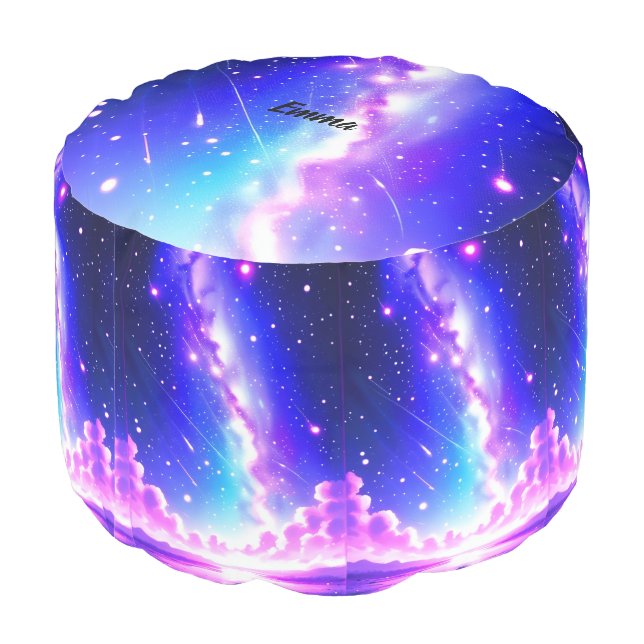 Celestial Blue and Pink Galaxy Custom Name Text Pouf (Angled Back)