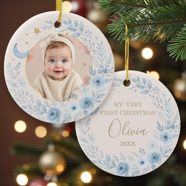 Celestial Blue Baby First Christmas Photo Ceramic Ornament (Creator Uploaded)