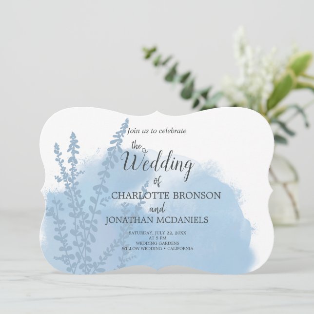 Celestial Blue Botanical Watercolor Wash Wedding   Invitation (Standing Front)