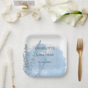 Celestial Blue Botanical Watercolor Wash Wedding Paper Plates
