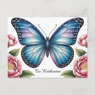 Celestial Blue Butterfly and Pink Peony with Text Postcard