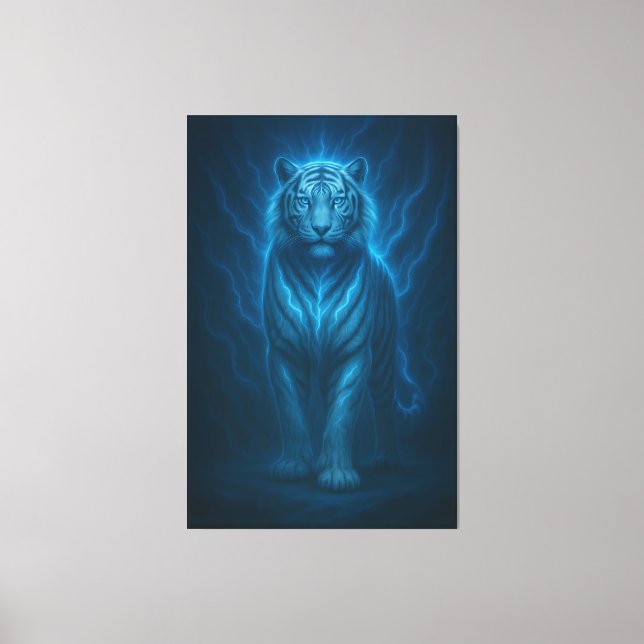 Celestial Blue-Electric White Tiger – High-End Fan Canvas Print (Front)