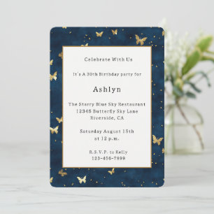 Celestial Blue Gold Butterflies Birthday Invitation