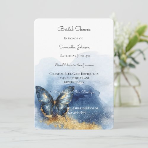 Celestial Blue Gold Butterfly Bridal Shower Invitation