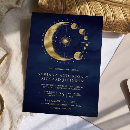 Celestial Blue Gold Crescent Moon Phases Wedding Invitation
