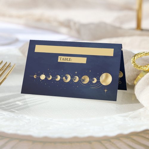 Celestial Blue Gold Crescent Moon Phases Wedding Place Card