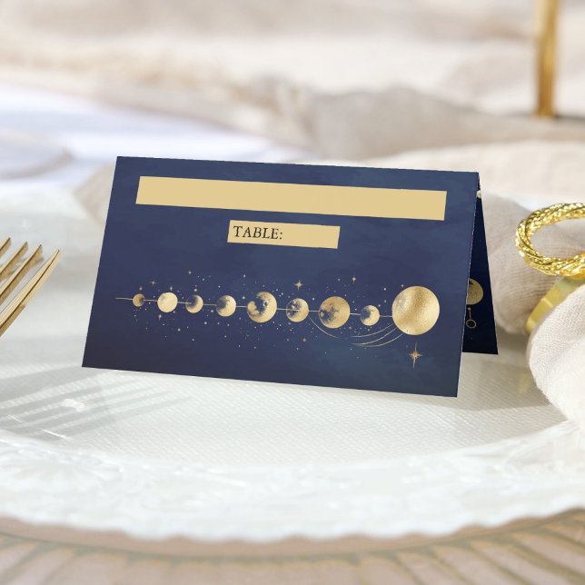 Celestial Blue Gold Crescent Moon Phases Wedding Place Card (Creator Uploaded)