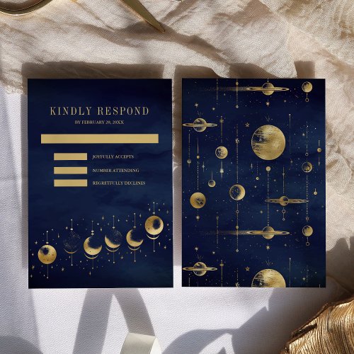 Celestial Blue Gold Crescent Moon Phases Wedding RSVP Card