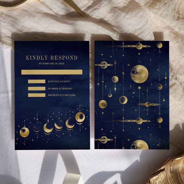 Celestial Blue Gold Crescent Moon Phases Wedding RSVP Card (Creator Uploaded)