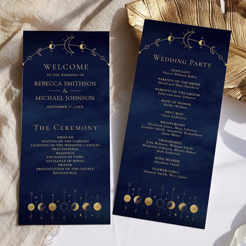 Celestial Blue Gold Crescent Moon Wedding Program