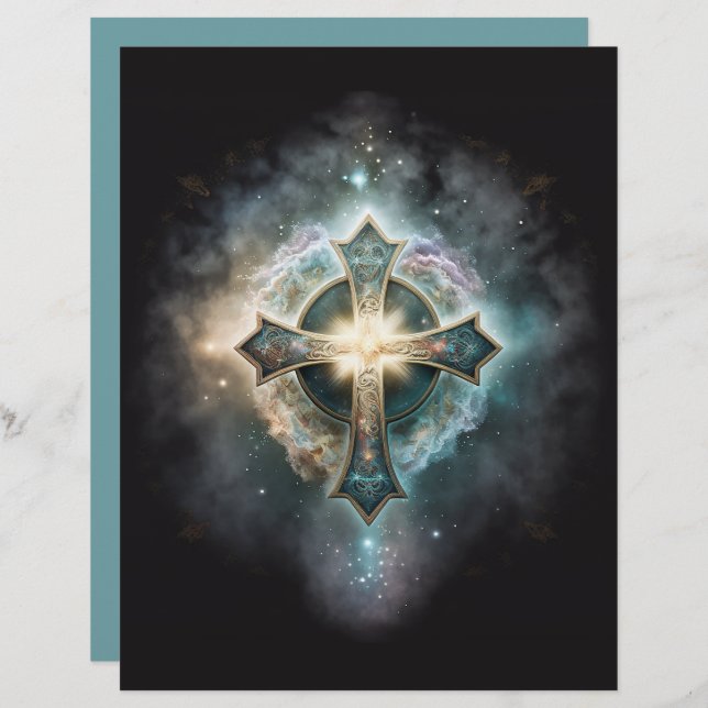 Celestial Blue Gold Cross Scrapbook Paper (Front/Back)