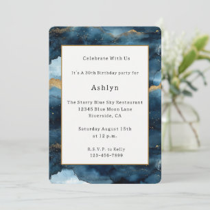 Celestial Blue Gold Glitzy Stars Sky Moon Birthday Invitation