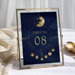 Celestial Blue Gold Moon Phases Wedding Table Number<br><div class="desc">Elegant wedding table number featuring a beautiful illustration showing moon phases and modern typography.</div>
