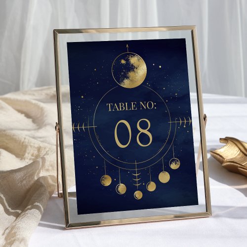 Celestial Blue Gold Moon Phases Wedding Table Number