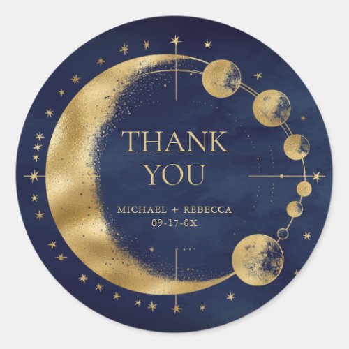 Celestial Blue Gold Moon Phases Wedding Thank You Classic Round Sticker