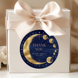 Celestial Blue Gold Moon Phases Wedding Thank You Classic Round Sticker