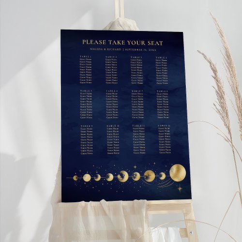 Celestial Blue Gold Moon Wedding Seating Chart Foam Board