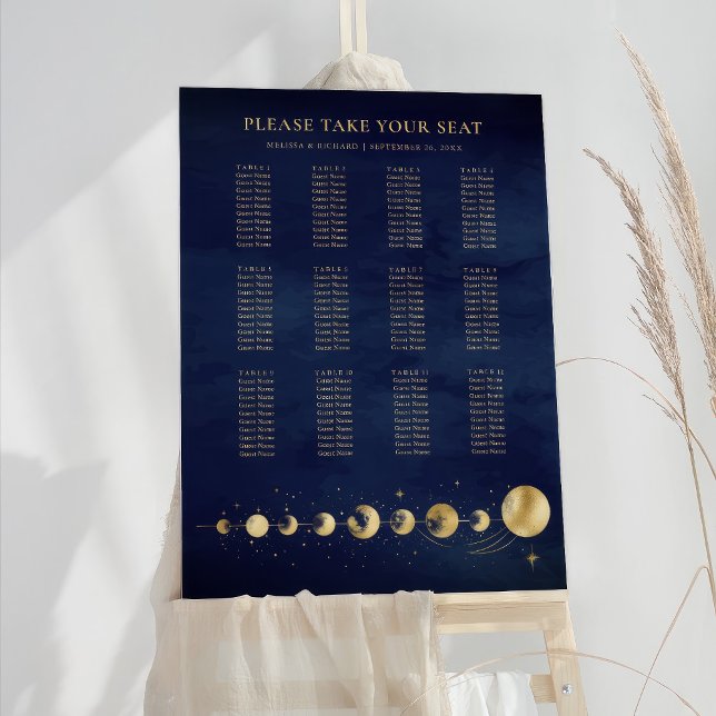 Celestial Blue Gold Moon Wedding Seating Chart Foam Board (Creator Uploaded)