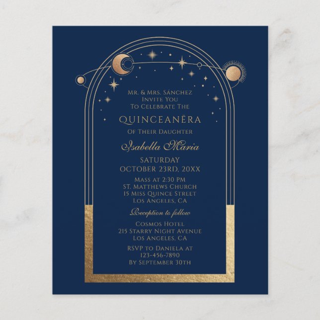 Celestial Blue Gold QR Code Quinceañera (Front)