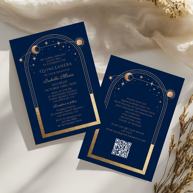 Celestial Blue Gold QR Code Quinceañera Invitation (Creator Uploaded)