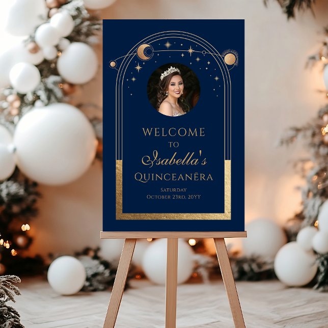 Celestial Blue Gold Quinceañera Birthday Welcome  Acrylic Sign (Creator Uploaded)