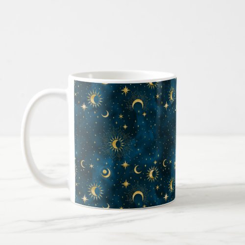 Celestial Blue  Gold Starry Night Crescent Moon Coffee Mug