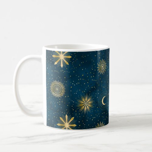 Celestial Blue  Gold Starry Night Crescent Moon Coffee Mug