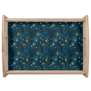 Celestial Blue & Gold Starry Night Crescent Moon Serving Tray