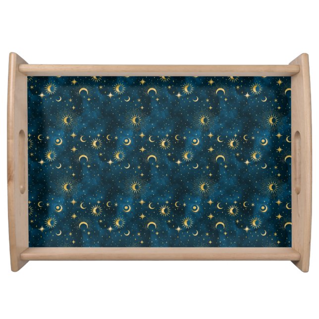 Celestial Blue & Gold Starry Night Crescent Moon Serving Tray (Front)