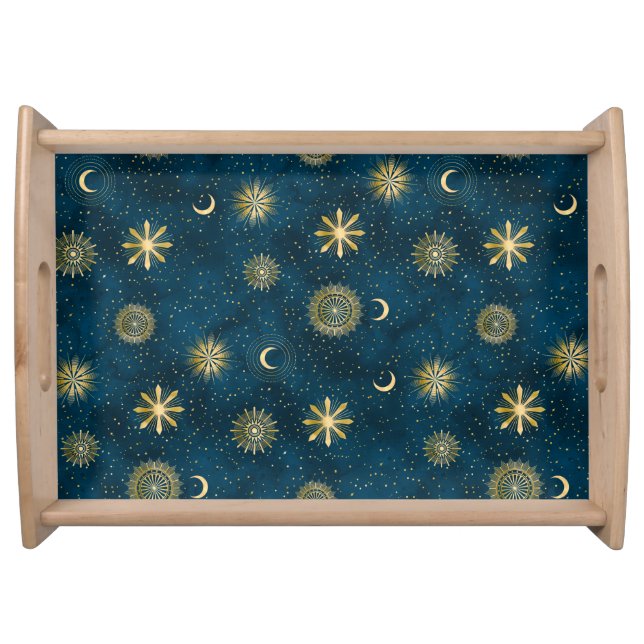 Celestial Blue & Gold Starry Night Crescent Moon Serving Tray (Front)