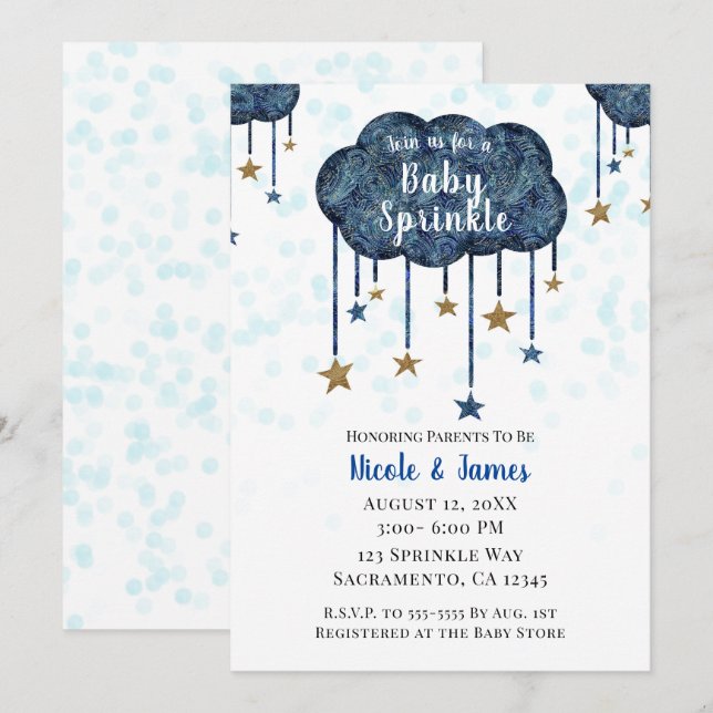 Celestial Blue Gold Stars Baby Sprinkle Shower Inv Invitation (Front/Back)