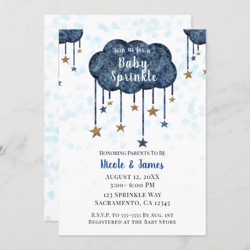 Celestial Blue Gold Stars Baby Sprinkle Shower Inv Invitation