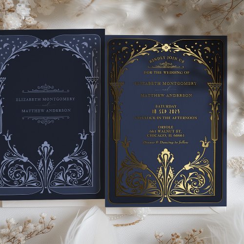 Celestial Blue Gold Storybook Victorian Wedding Foil Invitation