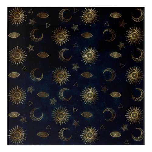 Celestial Blue Gold Sun Moon Stars Acrylic Print