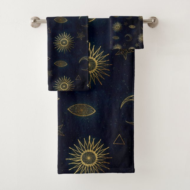 Celestial Blue Gold Sun Moon Stars Bath Towel Set (Insitu)