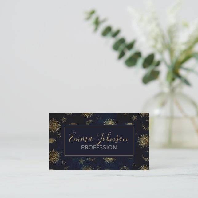 Celestial Blue Gold Sun Moon Stars Business Card (Standing Front)