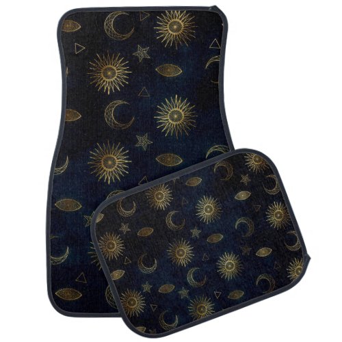Celestial Blue Gold Sun Moon Stars Car Floor Mat