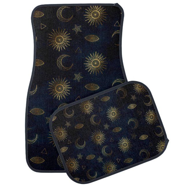 Celestial Blue Gold Sun Moon Stars Car Floor Mat (Set)