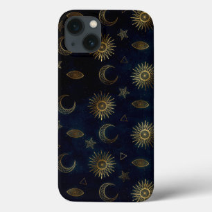 Celestial Blue Gold Sun Moon Stars iPhone 13 Case