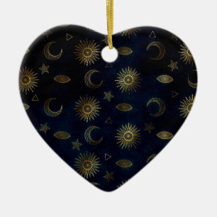 Celestial Blue Gold Sun Moon Stars Ceramic Ornament