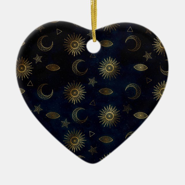 Celestial Blue Gold Sun Moon Stars Ceramic Ornament (Front)