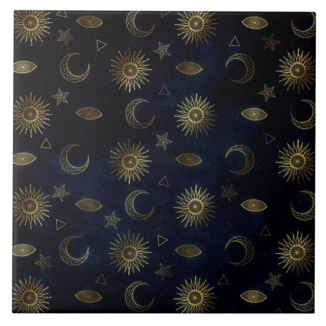 Celestial Blue Gold Sun Moon Stars Ceramic Tile (Front)